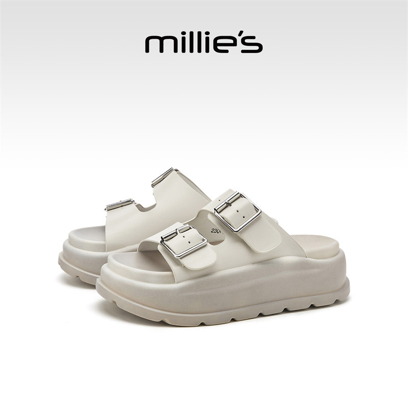 MILLIE'S/妙丽圆头厚底金属扣设计感时尚百搭休闲舒适日常拖鞋,女鞋,一字拖,淘宝优惠券,粉丝福利购,淘宝优惠卷