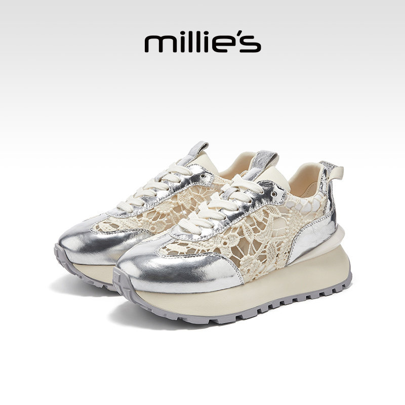妙丽女鞋2025新款春夏蕾丝镂空运动鞋银色阿甘鞋厚底高级感