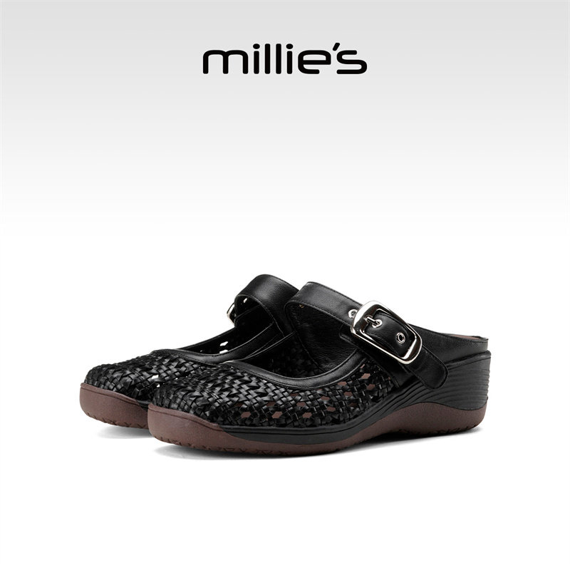 MILLIE'S/妙丽圆头平底一脚蹬网状编织高级感柔软舒适包头拖鞋