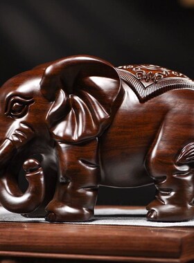 速发实木大象摆件一对黑装木雕刻吸水象送艺礼品乔迁开业工礼客厅