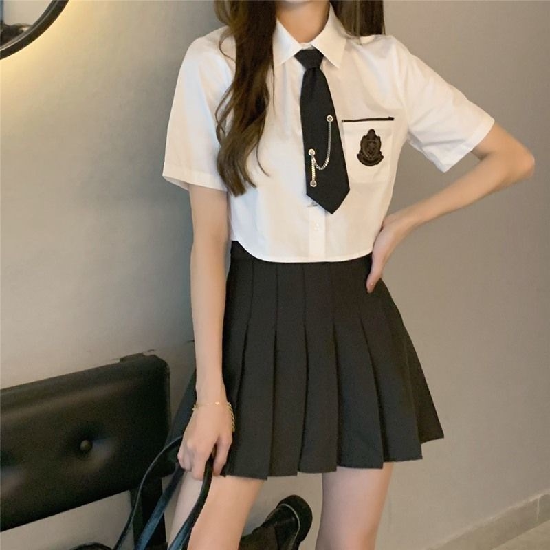速发减龄裙套裙jk制服班服短款白色上衣+褶百装设计感小众