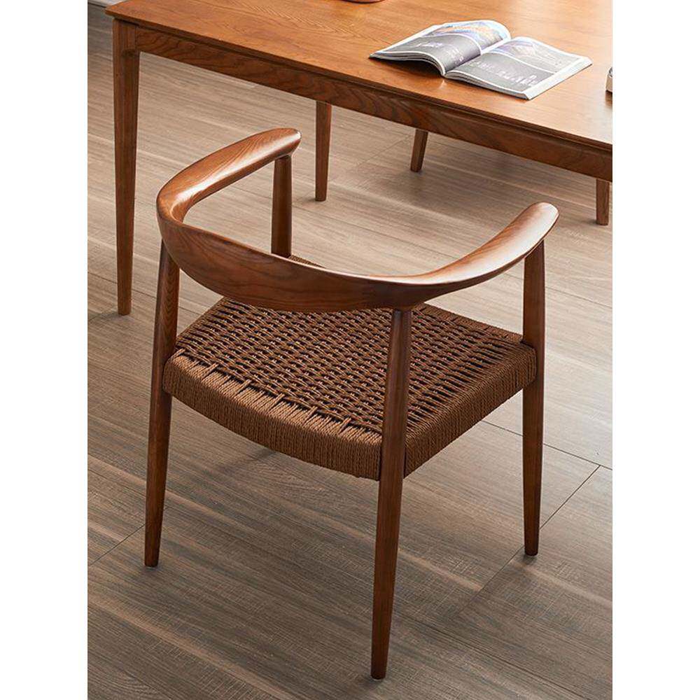 复古实木肯尼迪总统餐椅家用藤编牛角靠背扶手黑胡桃书桌主人茶椅