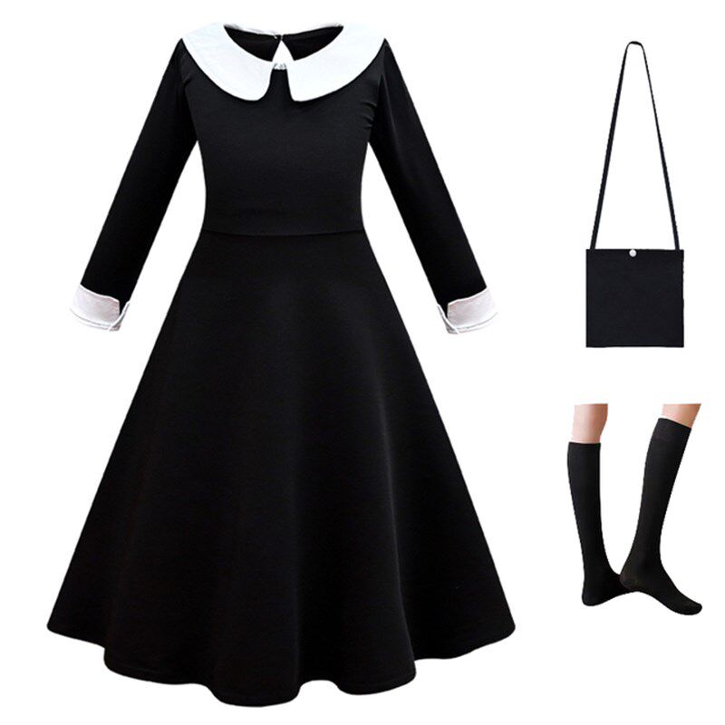 星期三黑色校服成人连衣裙子亚当斯一家衣服cos亲子服装儿童礼服