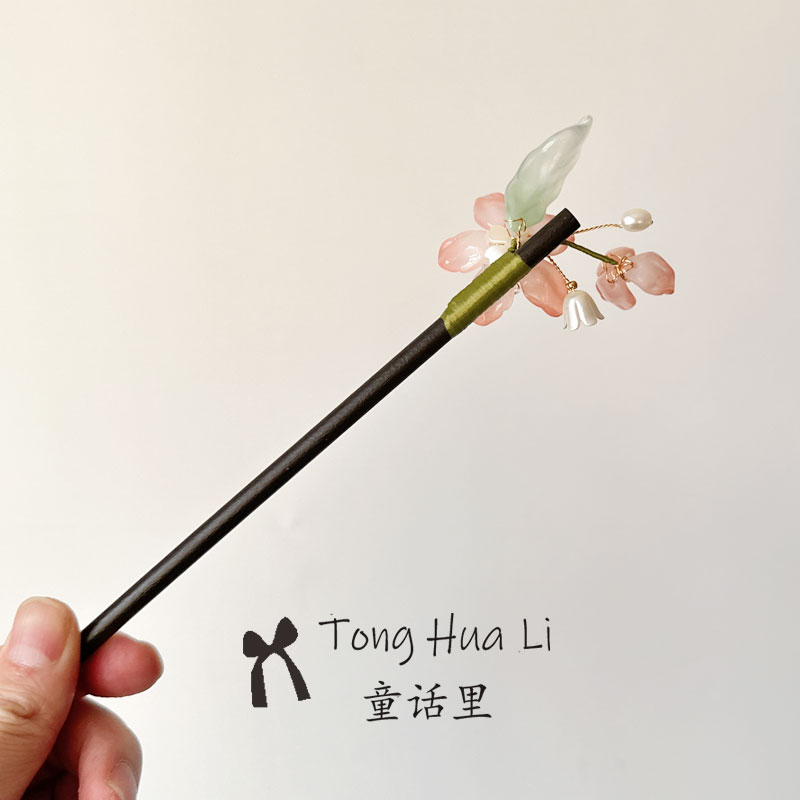 古风头饰桃花琉璃花朵木质发簪汉服旗袍簪子高级感百搭中式发钗