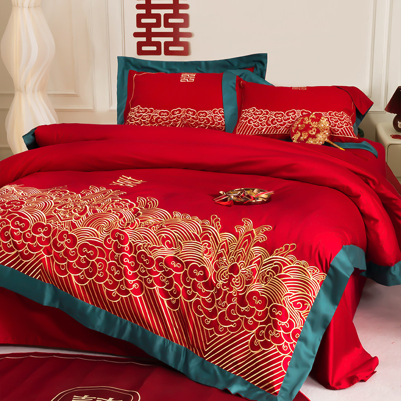 高端新中式婚庆100s全棉四件套结婚纯棉国潮风喜嫁被套长绒棉床品