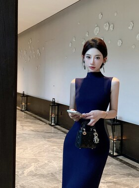 蓝色修身无袖针织包臀连衣裙女打底长裙高级感气质御姐风裙子