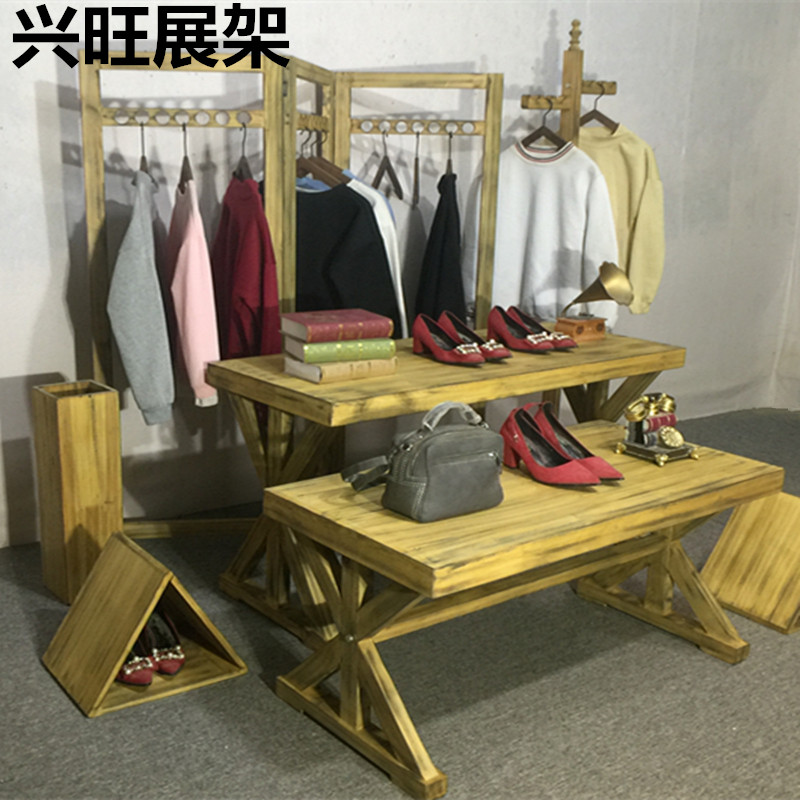 服装店展示架中岛架橱窗实木落地高低流水台展示台复古展示桌地台