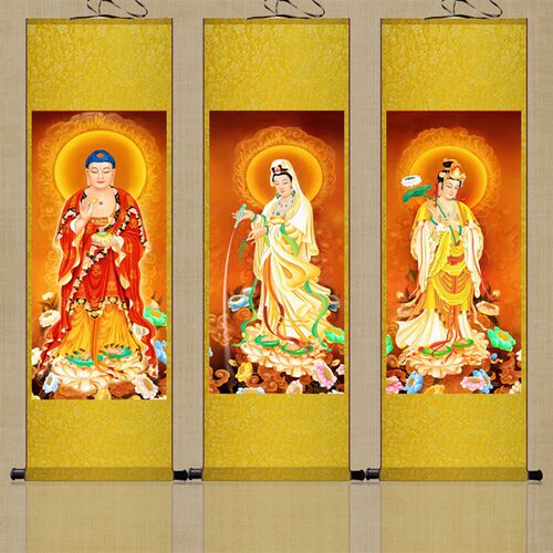国画佛像西方三圣画像丝绸卷轴挂画客厅寺庙阿弥陀佛装饰画