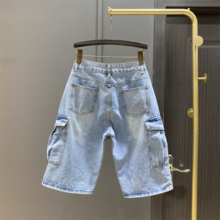 五分裤 2024夏季 大口袋牛仔中裤 设计感宽松直筒水洗浅蓝色工装 新款