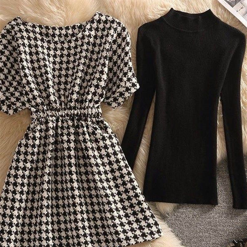 格子毛呢连衣裙两件套春秋蝙蝠袖松紧腰显瘦覆古背带裙套装女2025,女装/女士精品,时尚套装,淘宝优惠券,粉丝福利购,淘宝优惠卷