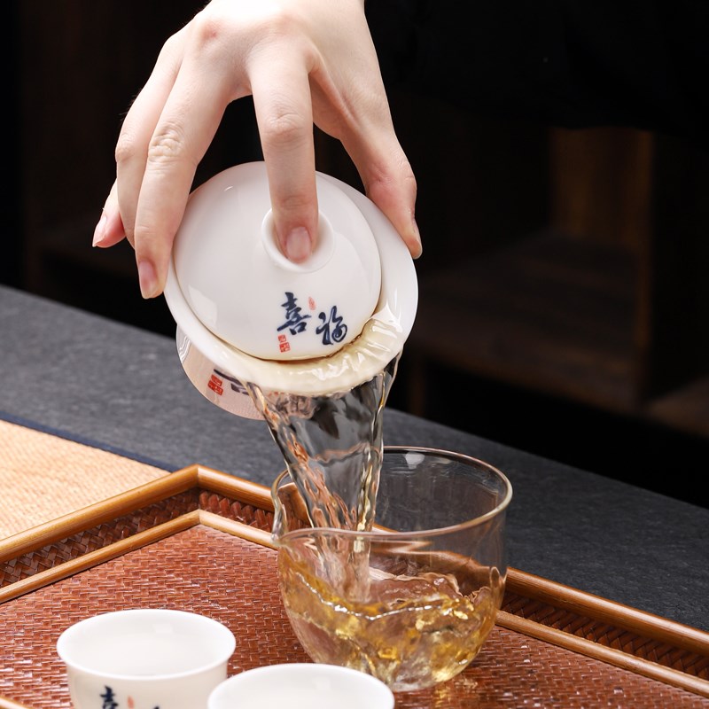 羊脂玉瓷旅行茶具悬停三才盖碗茶杯户外快客杯功夫茶具可定制送礼