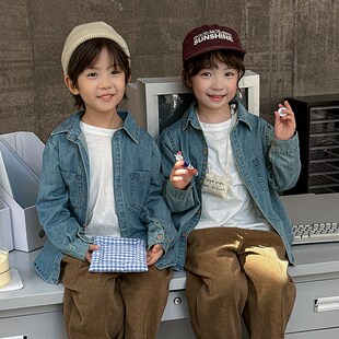 港风复古亲子装一家三口牛仔衬衫2024新款秋装母子母女装长袖外套