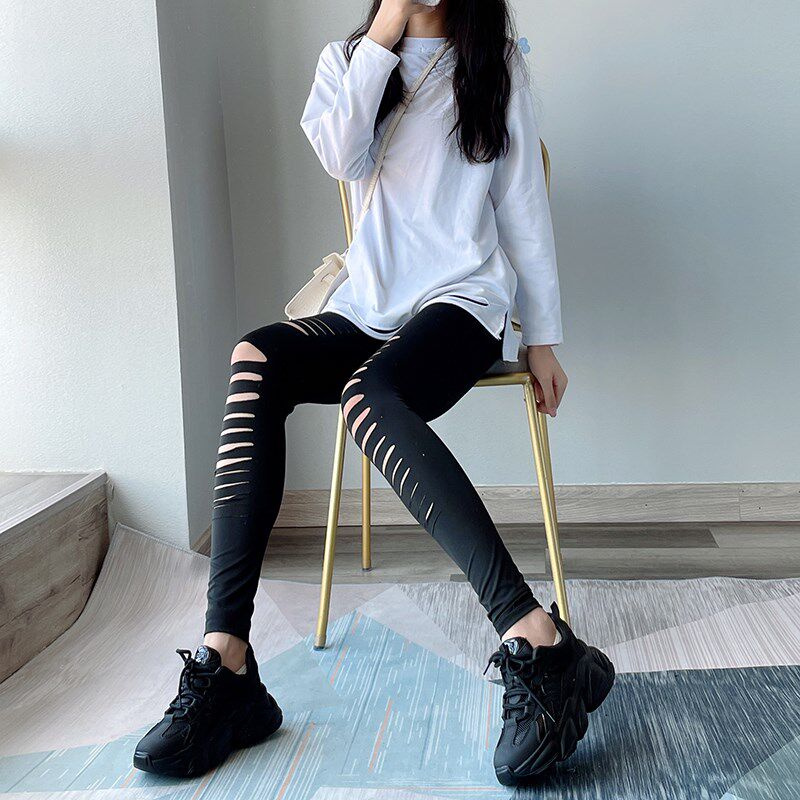 黑色打底裤女春秋薄款外穿个性破洞小黑裤紧身显瘦高腰弹力小脚裤