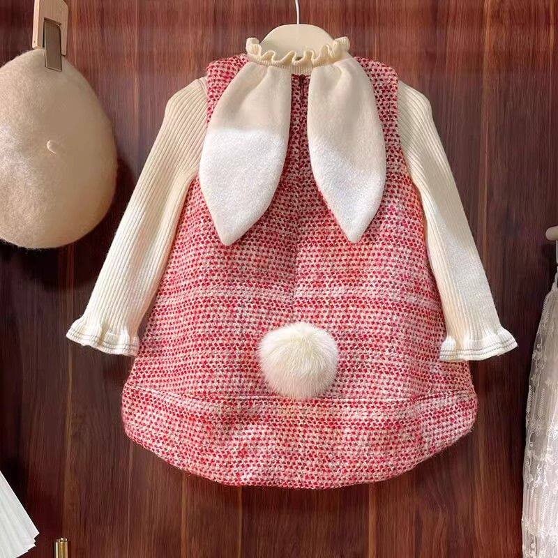 韩国童装女童连衣裙秋冬2024新款女宝宝可爱兔耳朵花苞背心裙套装