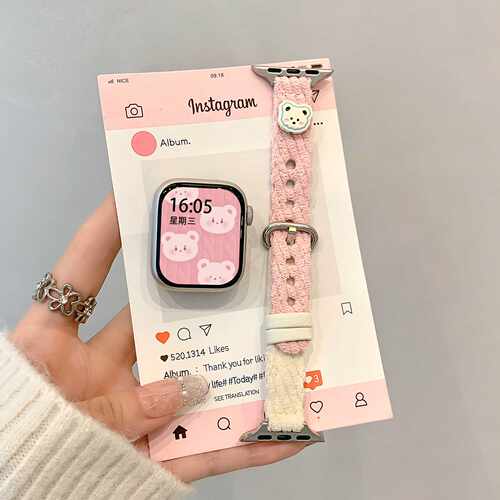 适用于苹果手表S11表带秋冬针织小熊applewatch可爱iwatch女表带