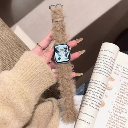 适用苹果手表表带S10秋冬新款S9女款毛呢真皮Applewatch8/7/6/5/4