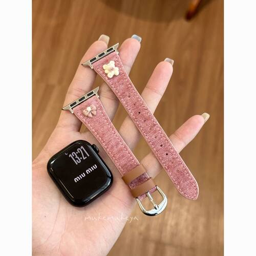 适用苹果手表s10绒面小熊蝴蝶结S11女表带applewatch表链创意se65