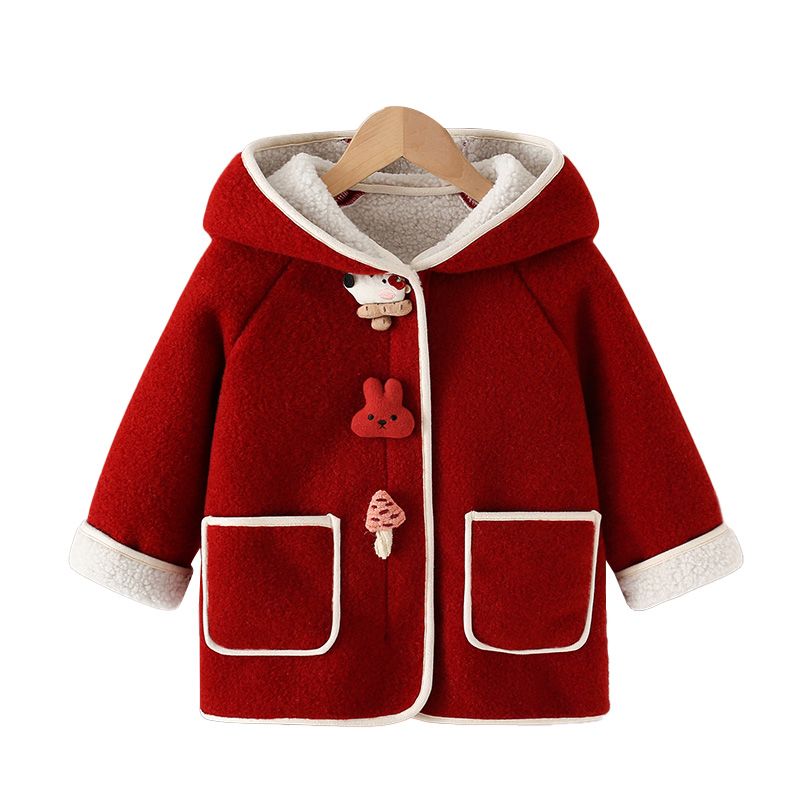 女童安哥拉红呢大衣儿童冬装外套2025新款宝宝红色中长款拜年服厚