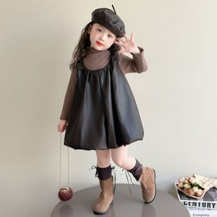 女童秋装连衣裙套装2025新款儿童洋气花苞吊带裙宝宝皮裙两套潮