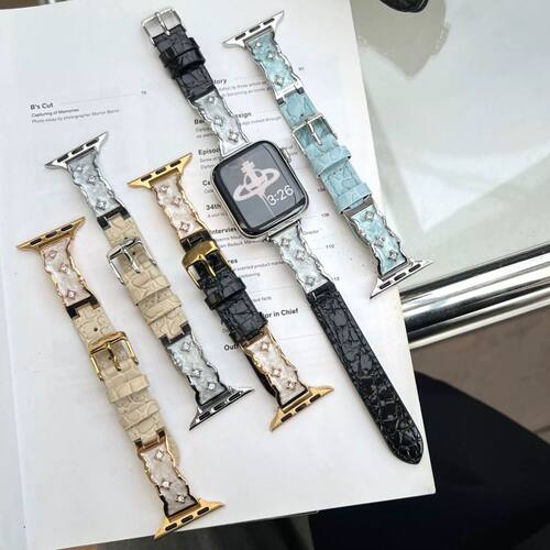 适用OPPOwatch-Sport镶钻鳄鱼纹皮质S手表带X2MINI/34pro轻奢拼皮