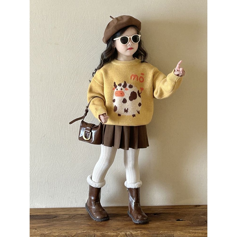 韩版女童2025秋冬新款可爱桔黄色奶牛毛衣中小童咖色百褶裙两套