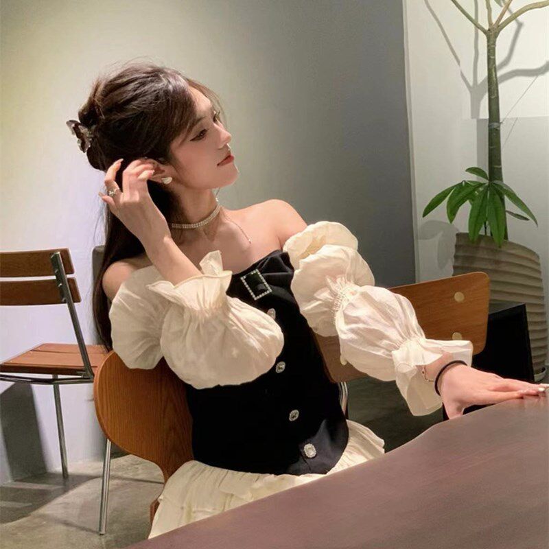 现货大码胖mm纯j欲感一字肩灯笼袖抹胸连衣裙女辣妹显瘦公主蛋糕