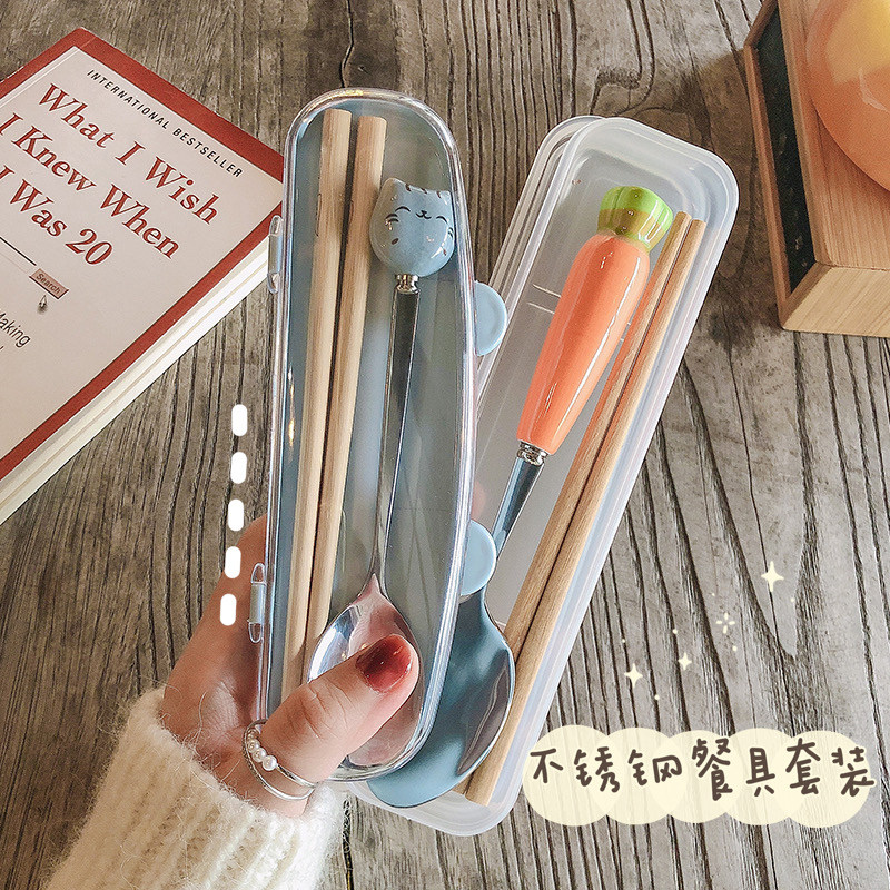 速发一爱收意木质筷子勺子餐具套组学生儿童可携式单人装可人用创