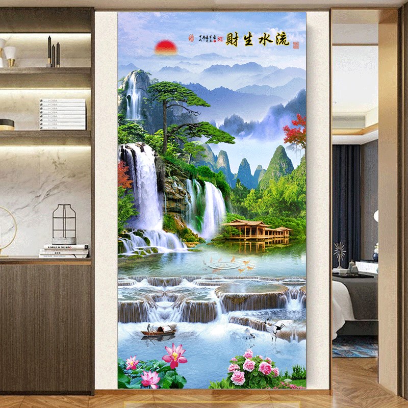 速发青山绿水山水风景墙贴壁画旭日东过高山流水客厅挂画玄关升道