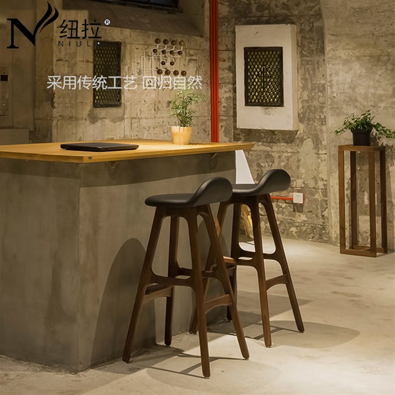实木酒吧椅吧台椅简约皮艺家用岛台椅酒店咖啡厅招待高脚吧椅