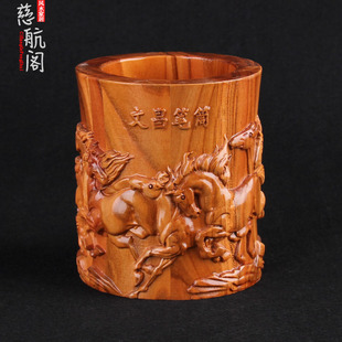 速发桃木笔筒摆件文昌马筒笔到成展梅兰竹菊大功宏图节节高