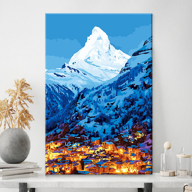 速发数色油画风景挂画彩绘颜料画填色上色画油手画涂字雪山夜色