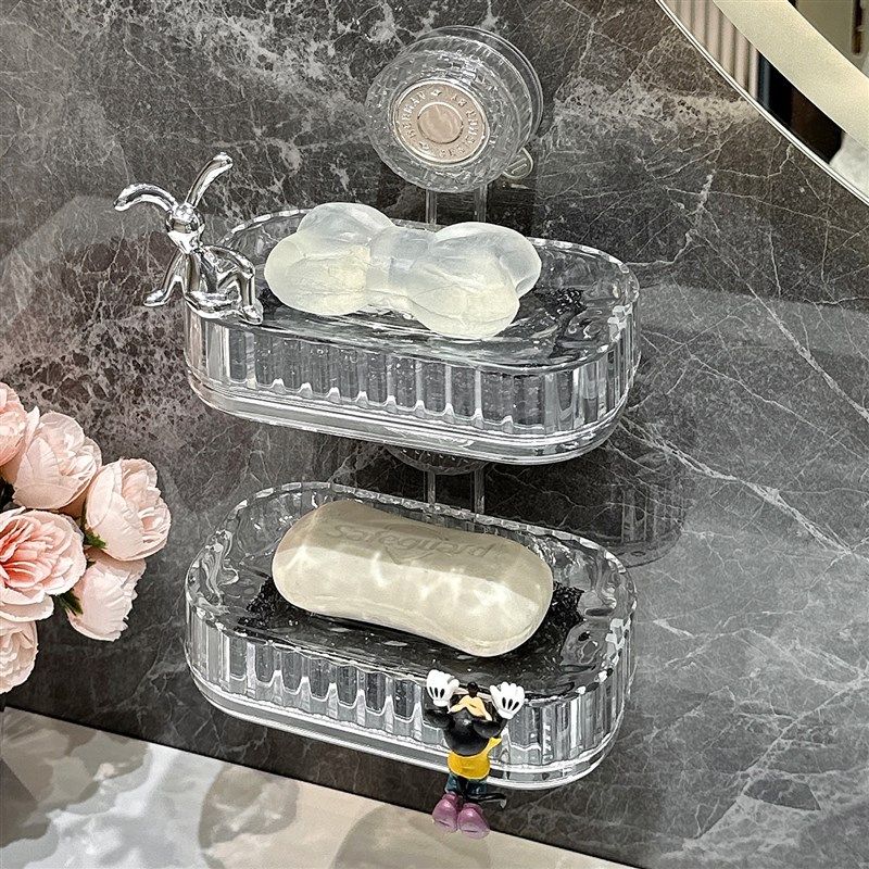 速发吸盘上皂盒浴室壁孔式香皂盒洗手台墙肥免打挂双层皂盒沥水置