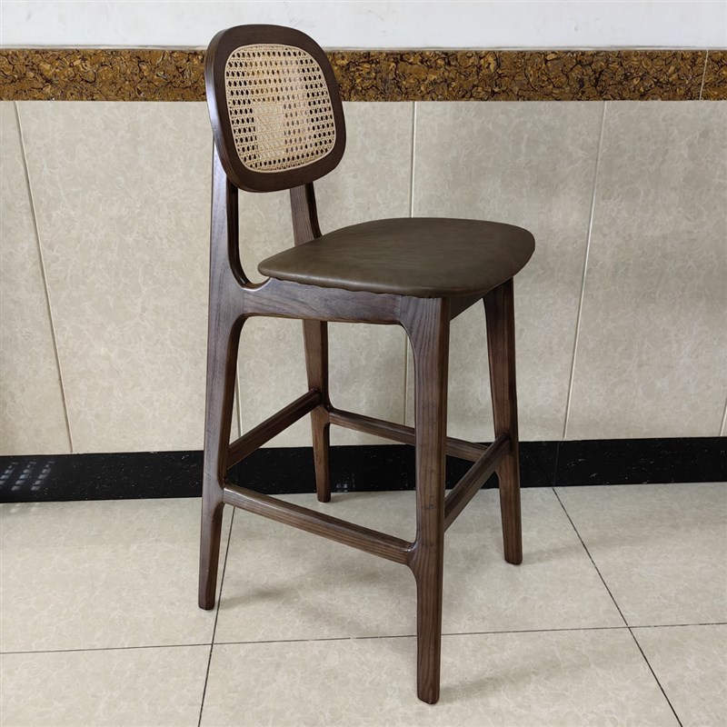 速发实木藤编藤台椅简约靠背高脚椅吧计师中用真设岛台椅