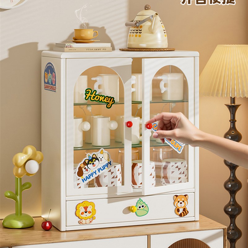 杯子收纳置物架厨j房餐桌双开门收纳盒柜桌面咖啡杯茶杯防尘水杯