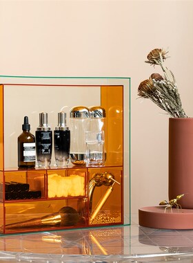 化妆品收纳盒桌面化妆刷筒整理橙色亚克力梳妆P台口红护肤品置物