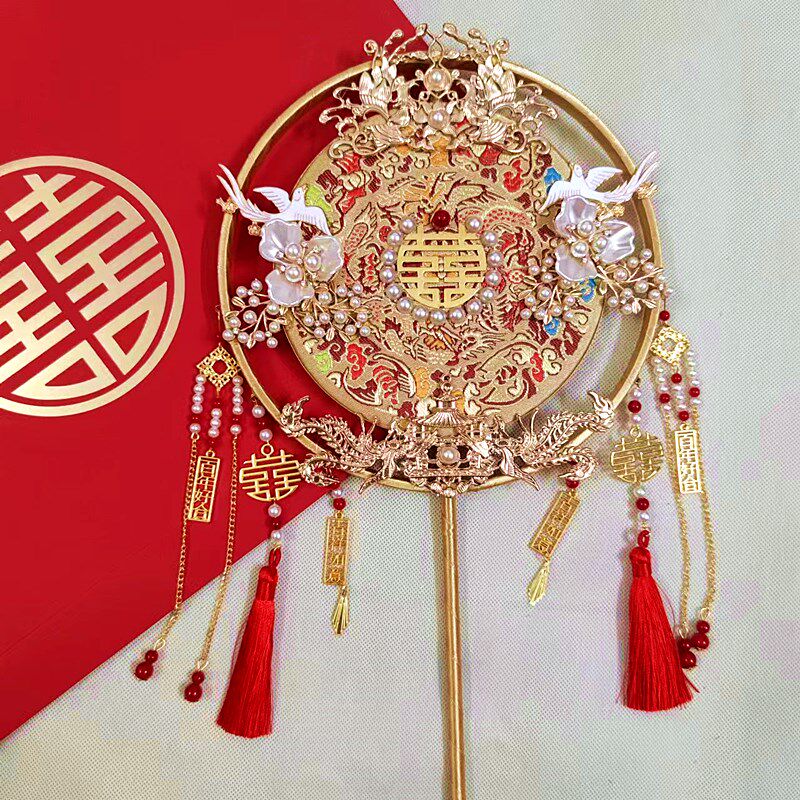 双面团扇婚礼gdiy成品双面扇子婚礼手持中式秀禾扇汉服双圈成品扇