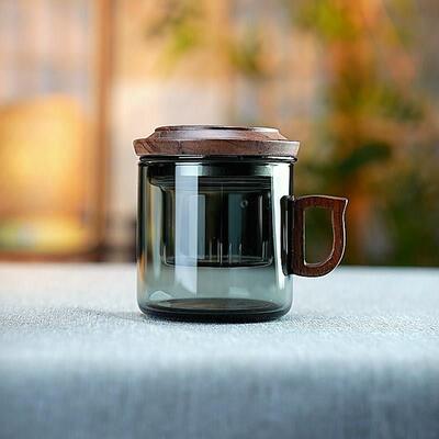 玻璃茶杯防烫耐热茶水分离杯子木把带盖办K公家用过滤花茶杯三件