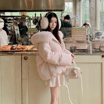 粉色狐狸大毛领连帽短款羽绒服女2025年冬季韩版宽松加厚保暖外套