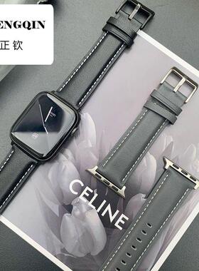 适用小牛皮苹果手表表带8代真皮皮质6se流线Applewatch7/6/5/4/3