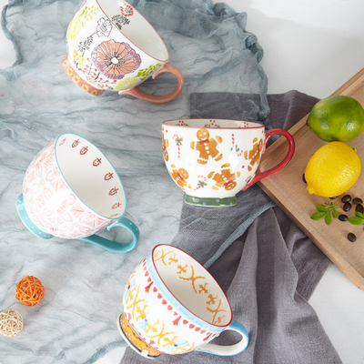 欧美风手绘马克杯咖啡杯容量牛奶杯早餐杯麦片杯S带把陶瓷碗杯配