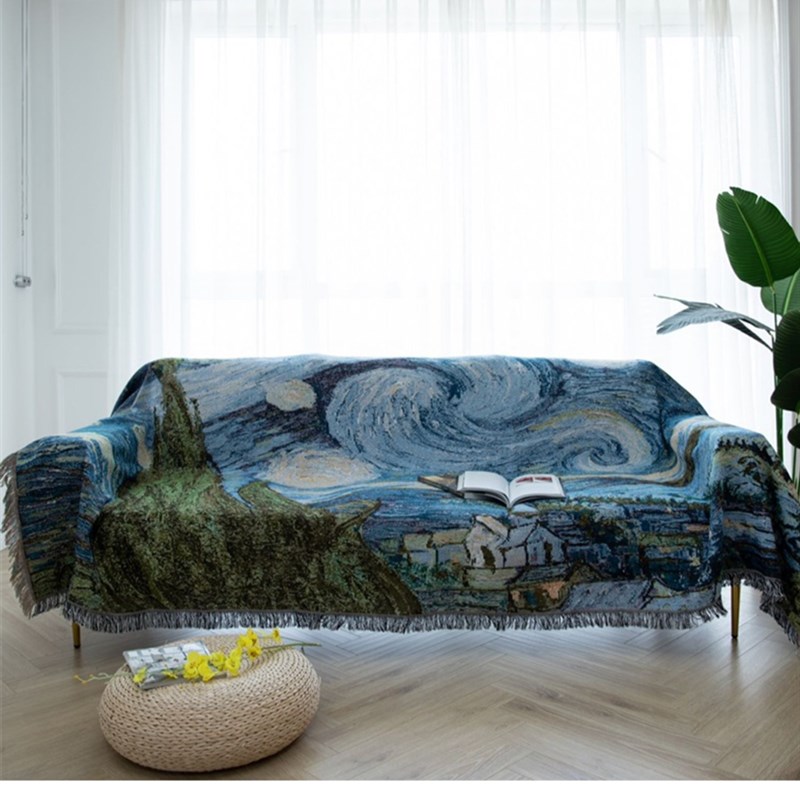 出口外贸梵e高油画装饰挂毯沙发罩靠背巾星空盖巾地毯沙发盖布坐