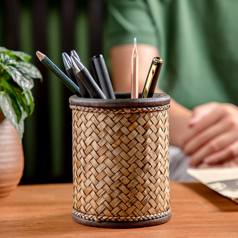 泰国木质藤编笔筒办公室桌面工艺品中式复古实木家居艺.术收纳摆,收纳整理,笔筒,淘宝优惠券,粉丝福利购,淘宝优惠卷