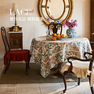 餐桌布轻奢p田园风高级感印花圆桌布复古奢华蕾丝边盖 偏爱集美式