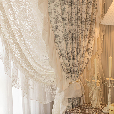 沙塔 法式浪漫田园n荷叶花边蕾丝窗帘卧室装饰美式复古亚麻棉麻