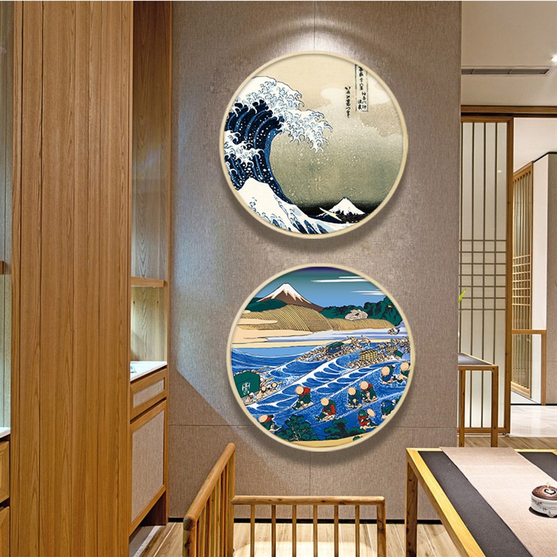 日式餐厅装饰画圆形和风浮世绘挂画料理店背景墙T面创意玄关壁画图片