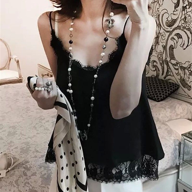 黑色雪纺性感宽松大码内搭打底衫白色蕾丝吊带背心上衣女夏外穿韩