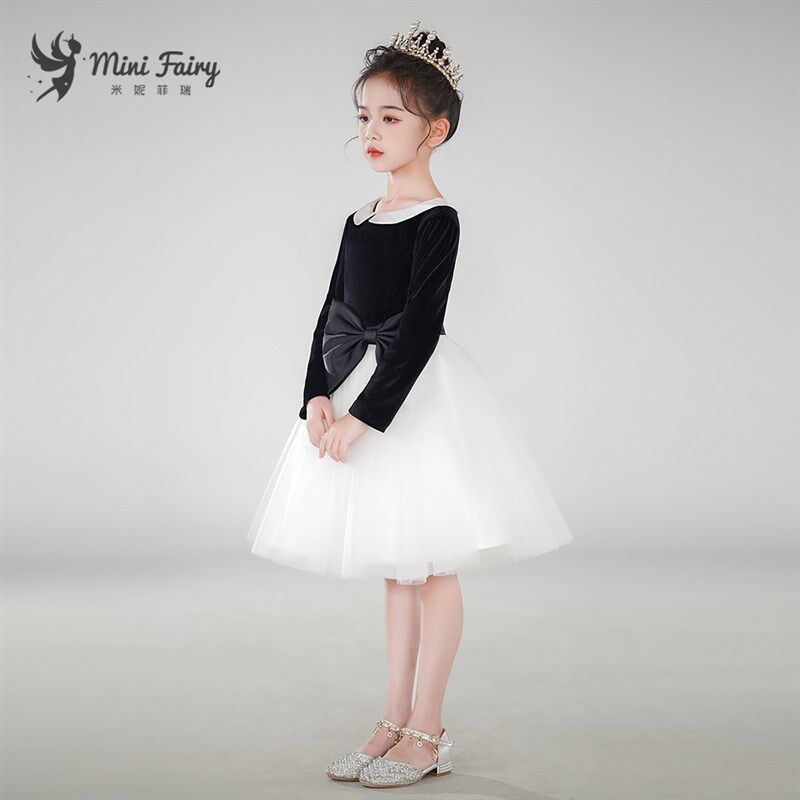 儿童黑白钢琴演出服中小学高端合唱团比赛礼服女童学院风公主裙短