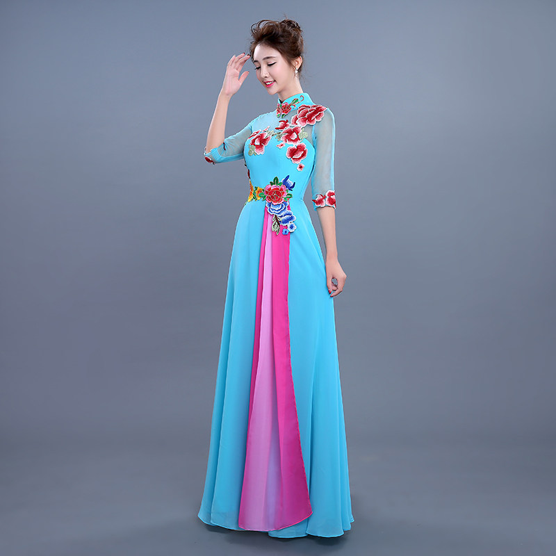 2021新款显瘦合唱礼服古筝表演成人中老年大合唱团演出服装女长裙