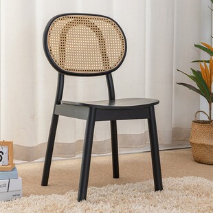 法式复古实木餐椅北欧藤编椅子侘寂风餐桌椅原木凳子家用靠背椅
