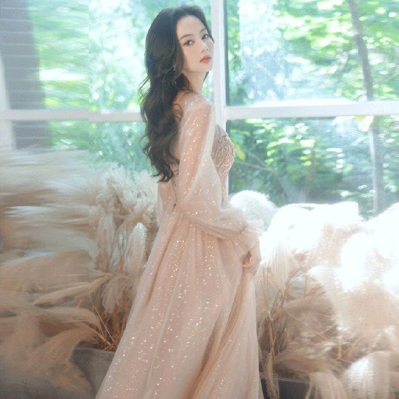 香槟色长袖礼服裙音乐生艺考成人礼年会生日宴会主持人连衣裙子